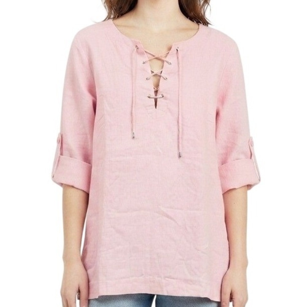 Real Comfort by Chadwick's Lace Up Top Womens 1XL Pink Linen Blend Cottagecore